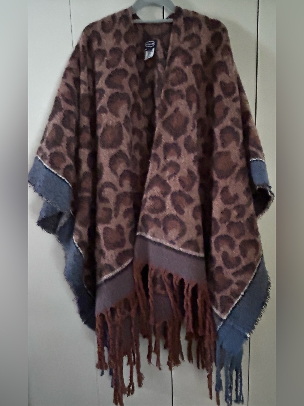Unbranded Brown Leopard Print Fringe Poncho Coat